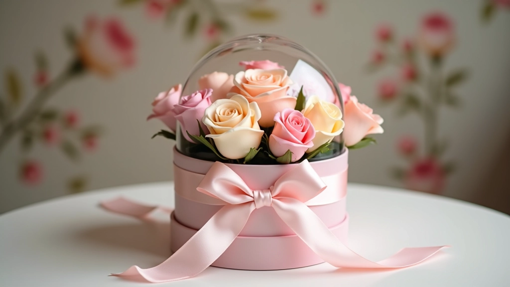 Pastel-colored preserved roses in glass dome gift box with ribbon and birthday card