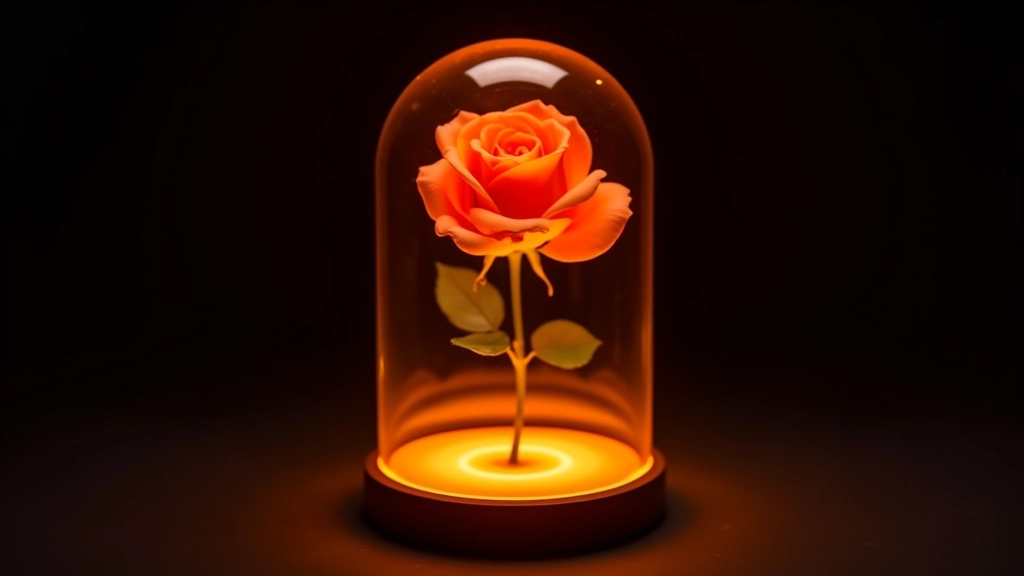 Preserved rose dome with LED base lighting activated, showing warm amber light glow from beneath the glass dome
